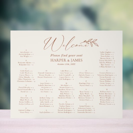 Plan de table alphabétique pour un mariage bohème (Neutre)