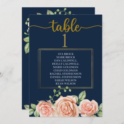 Plan de table carte table Navy Blue Gold Blush (Devant / Derrière)