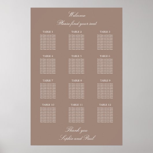 Plan de table de mariage affiche Taupe 12 Table (Devant)