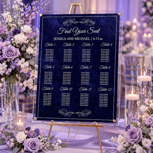 Plan de table de mariage élégant bleu marine