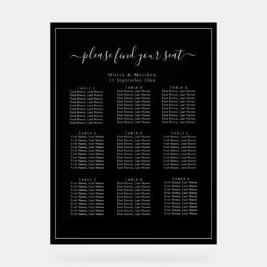 Plan de table de mariage en acrylique noir minimal (Recto)