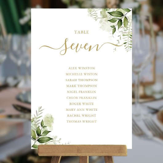 Plan de table floral verdure or numéro de table