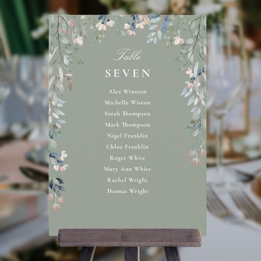 Plan de table floral vert sauge numéro de table
