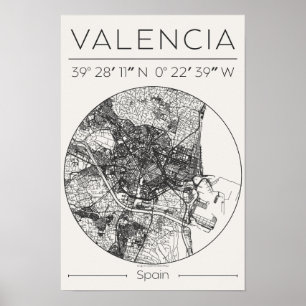Plan de ville de Valence Affiche Charbon Minimals