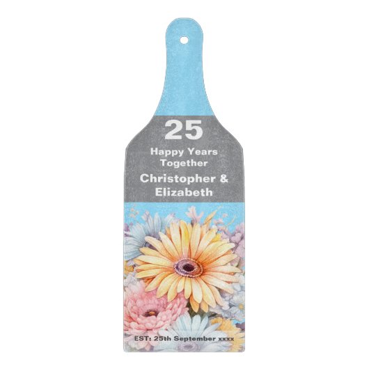 Planche À Découper 25e anniversaire argent floral bleu (Devant)