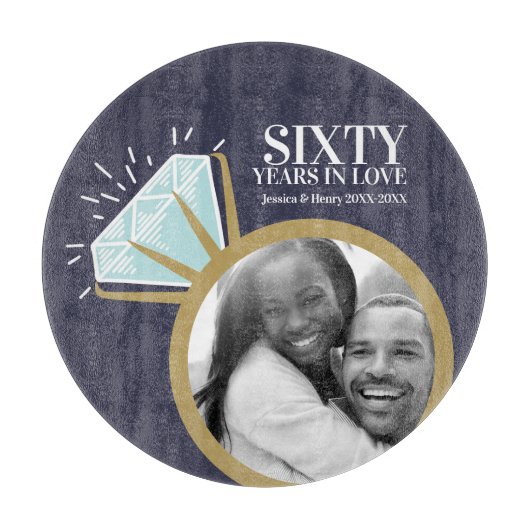 Planche À Découper 60e anniversaire mariage bague diamant or bleu (Devant)