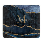 Planche À Découper Agate Blue Gold Marble Nom Lettre Coupe (Devant)