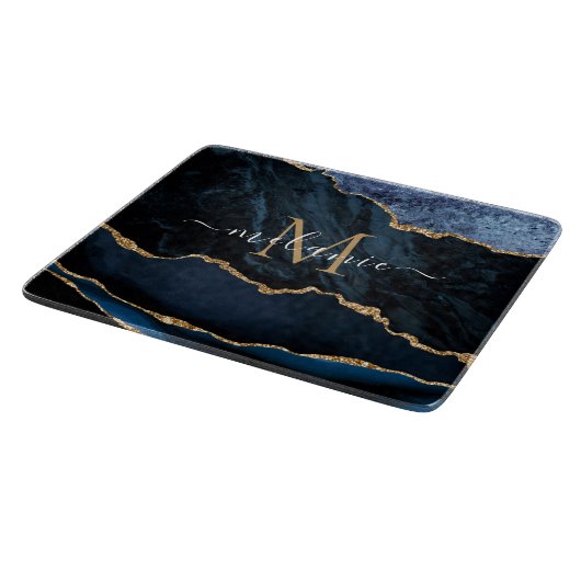 Planche À Découper Agate Blue Gold Marble Nom Lettre Coupe (Coin)