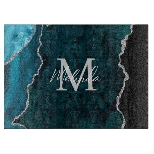 Planche À Découper Agate de marbre bleu turquoise et argenté (Devant)
