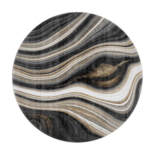 Planche À Découper Agate Marbre noir blanc et or fluide (Devant)