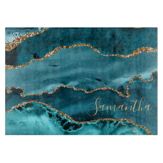 Planche À Découper Agate Marbre Paillettes Sarcelle et Or Faux (Devant)
