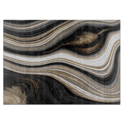 Planche À Découper Agate moderne noir blanc et or marbre fluide (Devant)