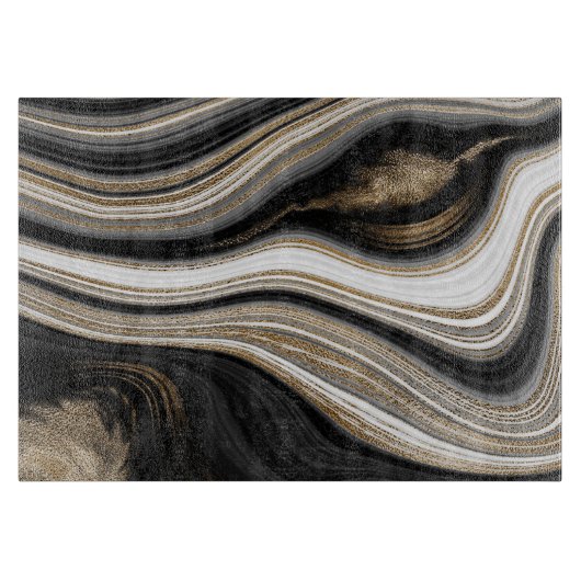 Planche À Découper Agate Noir blanc et or fluide marbre moderne (Devant)