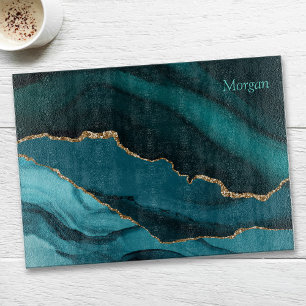 Planche À Découper Agate Or noir et sarcelle, nom personnalisé