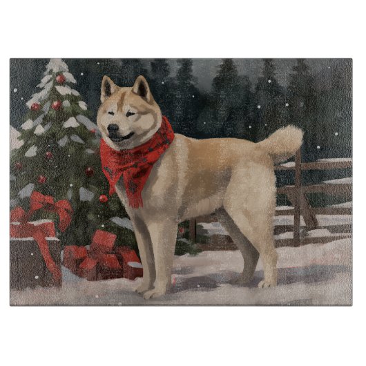 Planche À Découper Akita Chien dans Noël de neige (Devant)