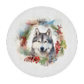 Planche À Découper Alaskan Malamute Festive de la couronne de Noël (Devant)