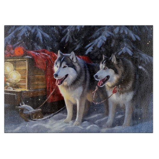 Planche À Découper Alaskien Malamute Snowy Sleigh Ride Noël (Devant)