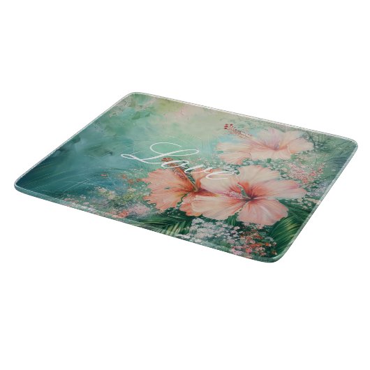 Planche À Découper Amour floral d'hibiscus blanc pêche tropical (Coin)