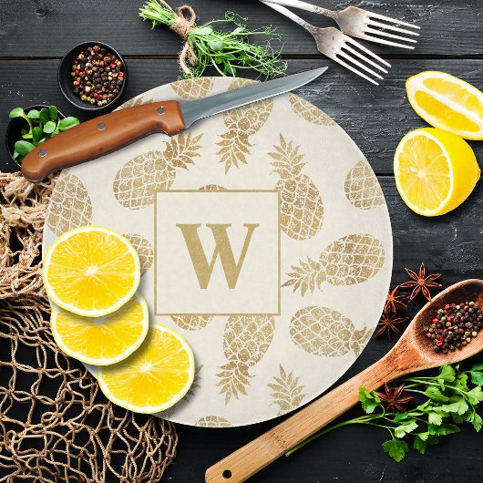 Planche À Découper Ananas Monogram Gold sur ivoire