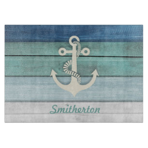 Planche À Découper Ancre en bois en détresse bleu turquoise nautique