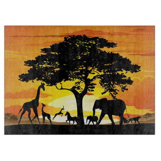 Planche À Découper Animaux sauvages sur le coucher de soleil de la sa (Devant)