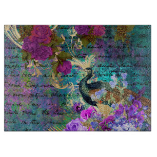 Planche À Découper Antique Paon et Fleurs Illustrés Grunge