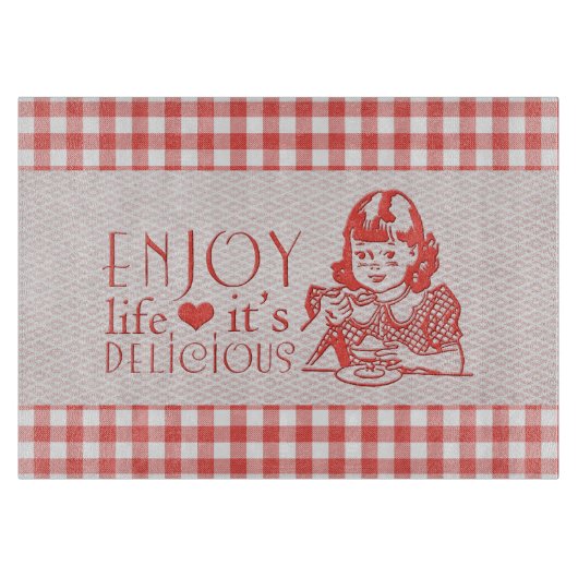 Planche À Découper Appréciez la vie où c'est rétro guingan rouge (Devant)