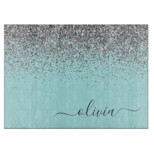 Planche À Découper Aqua Bleu Turquoise Argent Paillettes Monogramme (Devant)