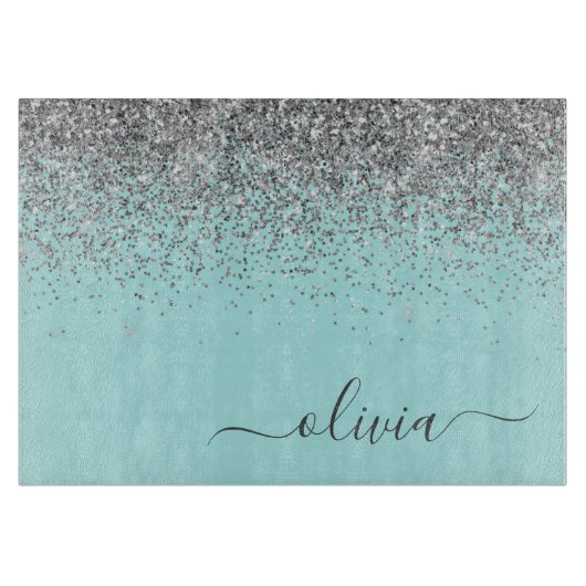 Planche À Découper Aqua bleu Turquoise Parties scintillant argent Mon (Devant)