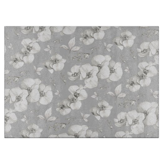 Planche À Découper Aquarelle blanc orchidée sur gris | (Devant)