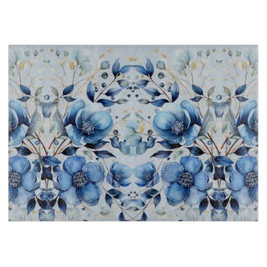 Planche À Découper Aquarelle Bleu Fleurs Coupe (Devant)