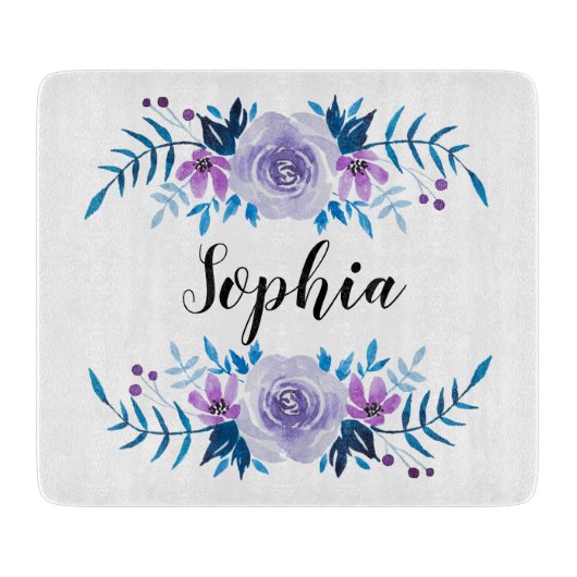 Planche À Découper Aquarelle bleu violet couronne florale Texte perso (Devant)