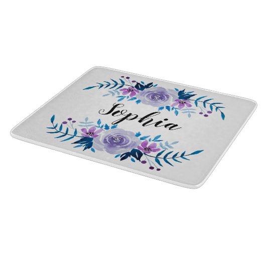 Planche À Découper Aquarelle bleu violet couronne florale Texte perso (Coin)