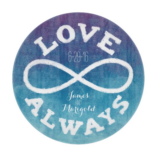 Planche À Découper Aquarelle bleue Infinity Amour Mariage Date, Noms (Devant)