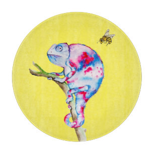 Planche À Découper Aquarelle brillante colorée caméléon et abeille