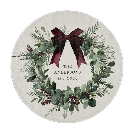 Planche À Découper Aquarelle couronne de Noël Nom personnalisé (Devant)