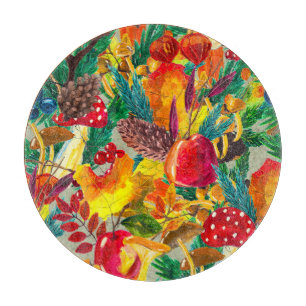 Planche À Découper Aquarelle d'automne Feuilles Champignons Motif