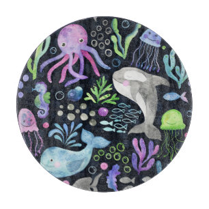 Planche À Découper Aquarelle de la vie marine, arrière - plan foncé.