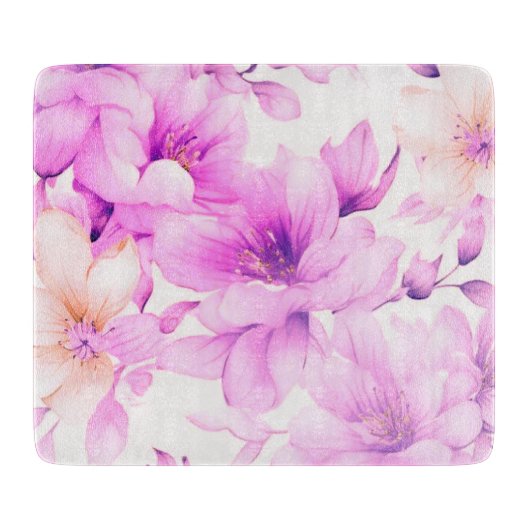 Planche À Découper Aquarelle délicate Fleurs roses Verre (Devant)