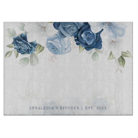 Planche À Découper Aquarelle Florale Bleu Blanc Botanique (Devant)