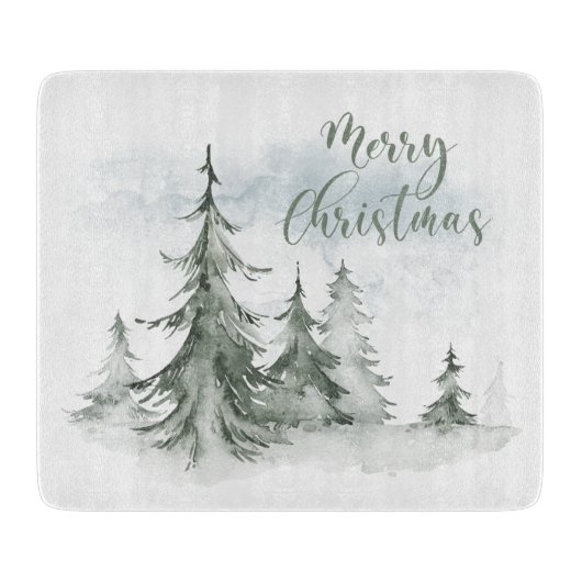 Planche À Découper Aquarelle Forêt de sapins rustiques hiver (Devant)