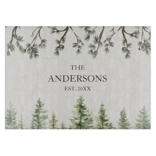 Planche À Découper Aquarelle Monogramme Pins rustiques et branches (Devant)