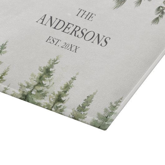 Planche À Découper Aquarelle Monogramme Pins rustiques et branches (Coin)