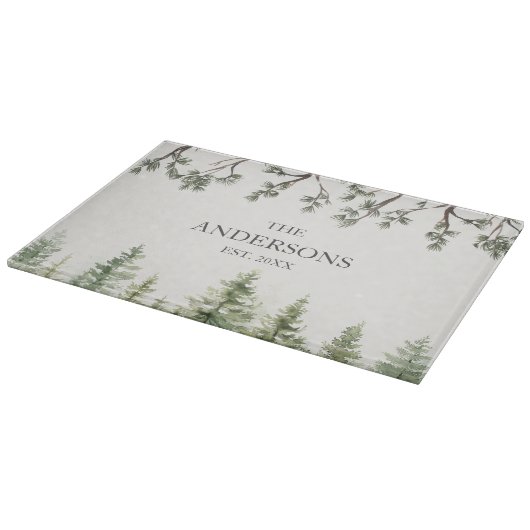 Planche À Découper Aquarelle Monogramme Pins rustiques et branches (Coin)