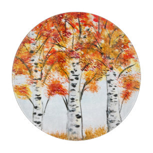 Planche À Découper Aquarelle Oiseaux Arbres Automne Orange Feuille