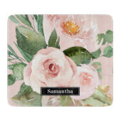 Planche À Découper Aquarelle Pastel Pink moderne Fleurs & Nom (Devant)