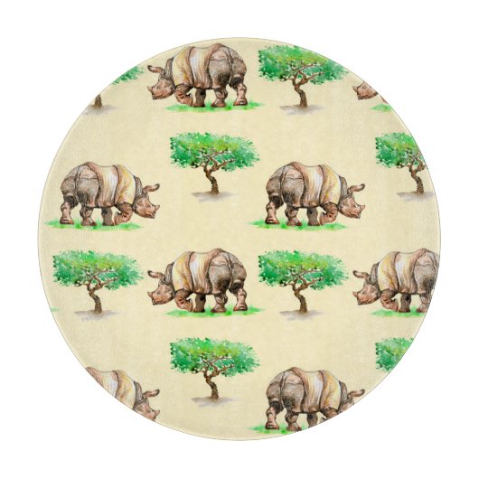 Planche À Découper Aquarelle Rhino : Motif peint à la main. (Devant)