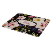 Planche À Découper Aquarelle rose Roses jaunes sur noir, Monogramme (Coin)