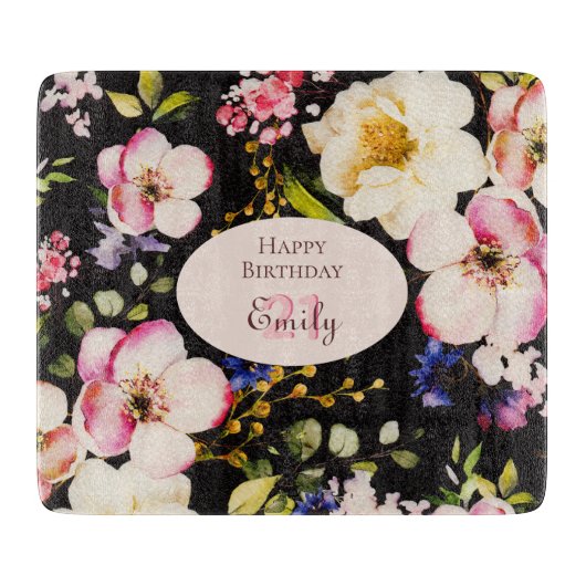 Planche À Découper Aquarelle Roses rose et jaune sur Noir, Anniversai (Devant)