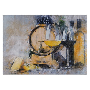 Planche À Découper Aquarelle Vin et fromage Vie morte